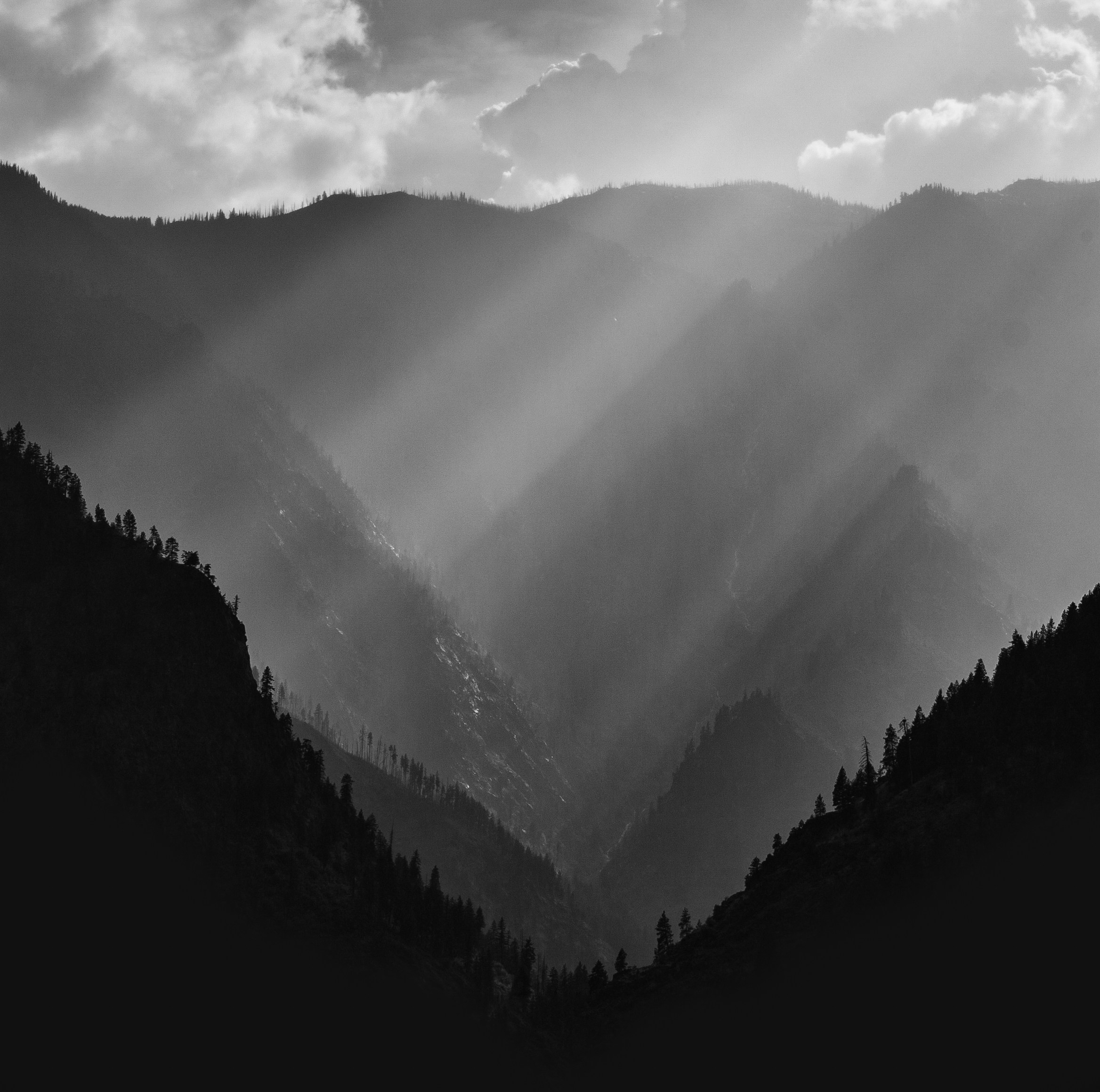 Mountain valley in grayscale