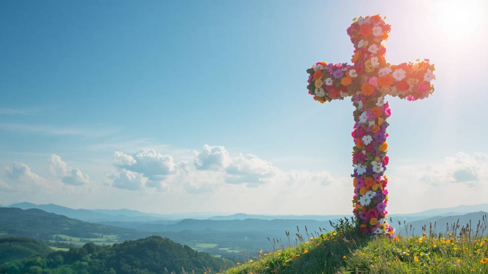 Graphic of a flowered cross on a hilltop