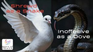 Side by side portraits of a dove with wings spread and a snake with tongue out, overlaid with the words, "Shrewd as a Snake, Inoffensive as a Dove."