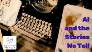An old fashioned typewriter flanked by two books. Over one book is the glitchy title, "AI and the Stories We Tell."